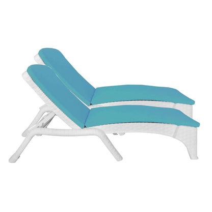 White set of 2 outdoor chaise loungers with teal cushions features a four-point backrest