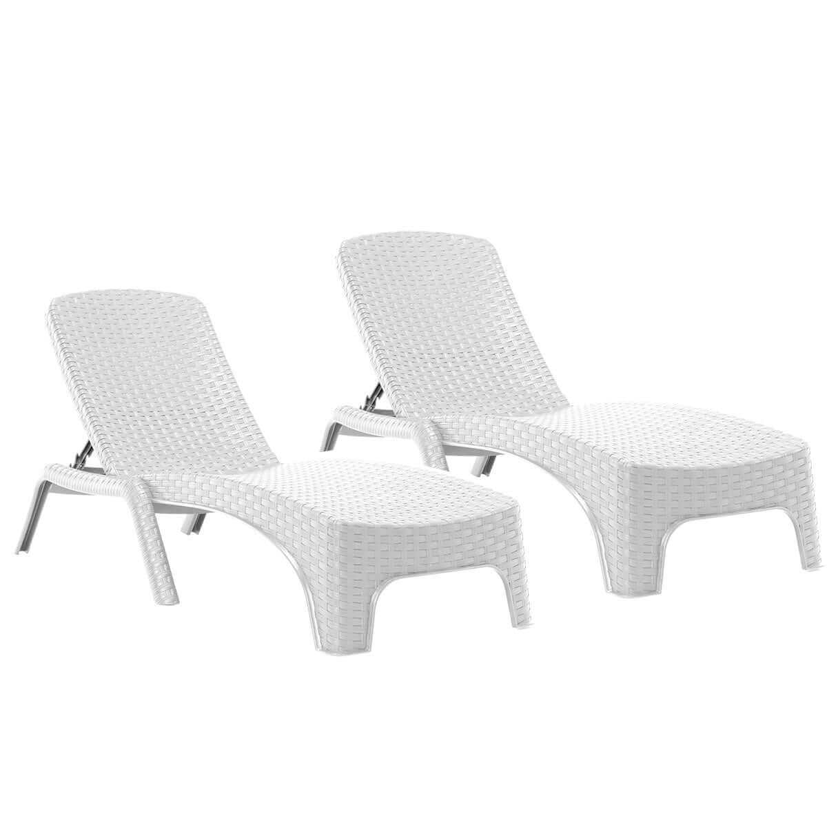 White set of 2 outdoor chaise loungers features a four-point backrest