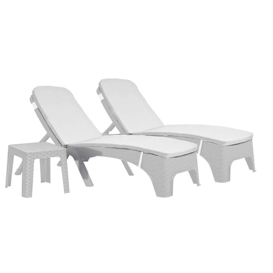 White outdoor 3-piece chaise lounger set with cream cushions includes 2 stackable chaise loungers and outdoor end table