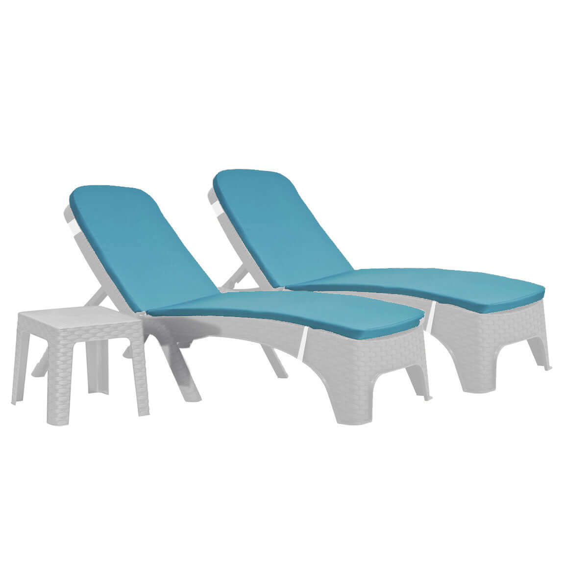 White outdoor 3-piece chaise lounger set with teal cushions includes 2 stackable chaise loungers and outdoor end table