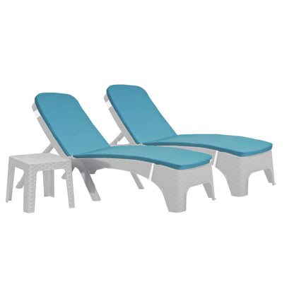 White outdoor 3-piece chaise lounger set with teal cushions includes 2 stackable chaise loungers and outdoor end table