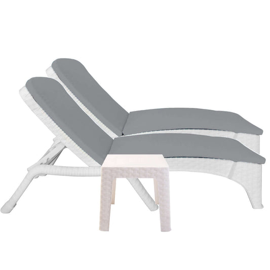 White outdoor 3-piece chaise lounger set with anthracite cushions includes 2 stackable chaise loungers and outdoor end table