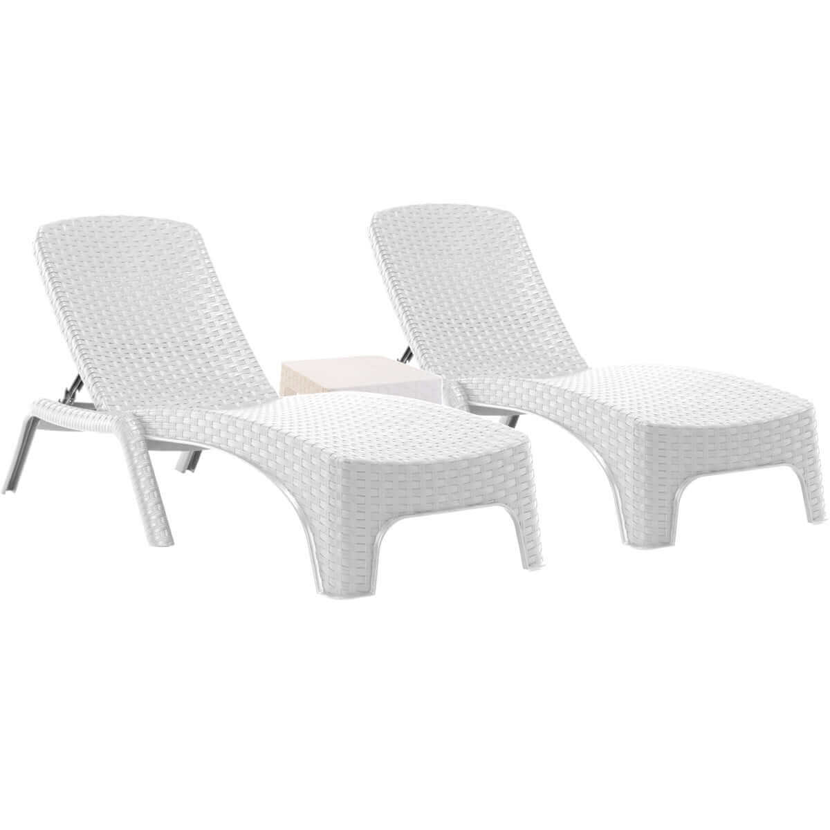 White outdoor 3-piece chaise lounger set with teal cushions includes 2 stackable chaise loungers and outdoor end table