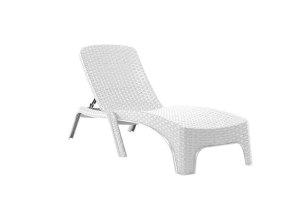 White outdoor chaise lounger features four-position backrest and hidden back wheels