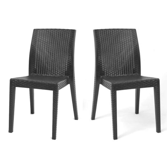 Black set of 2 outdoor stackable side chairs with flat wicker design