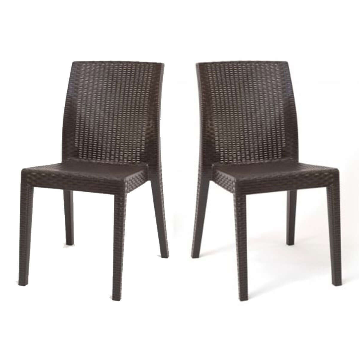 Brown set of 2 outdoor stackable side chairs with flat wicker design