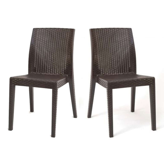 Brown set of 2 outdoor stackable side chairs with flat wicker design