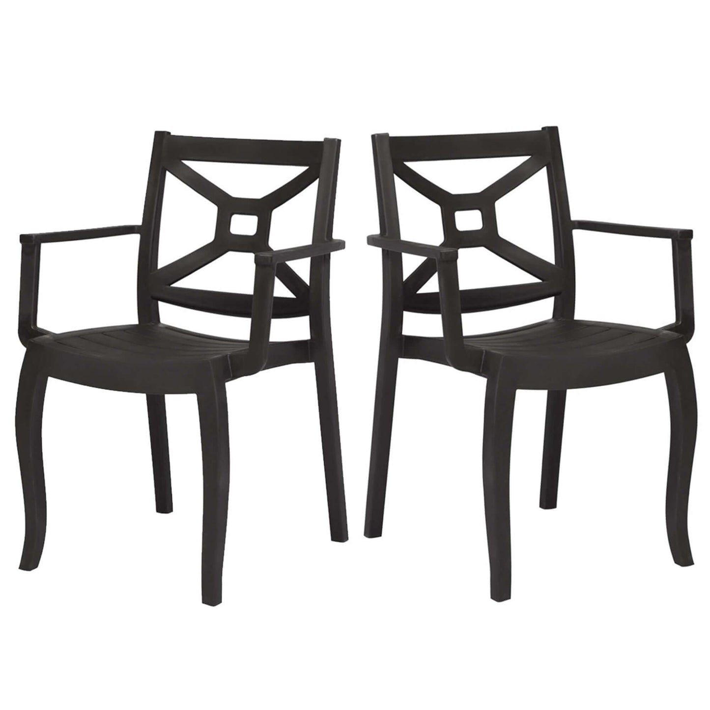 Black set of 2 stackable outdoor armchairs that are easy to clean