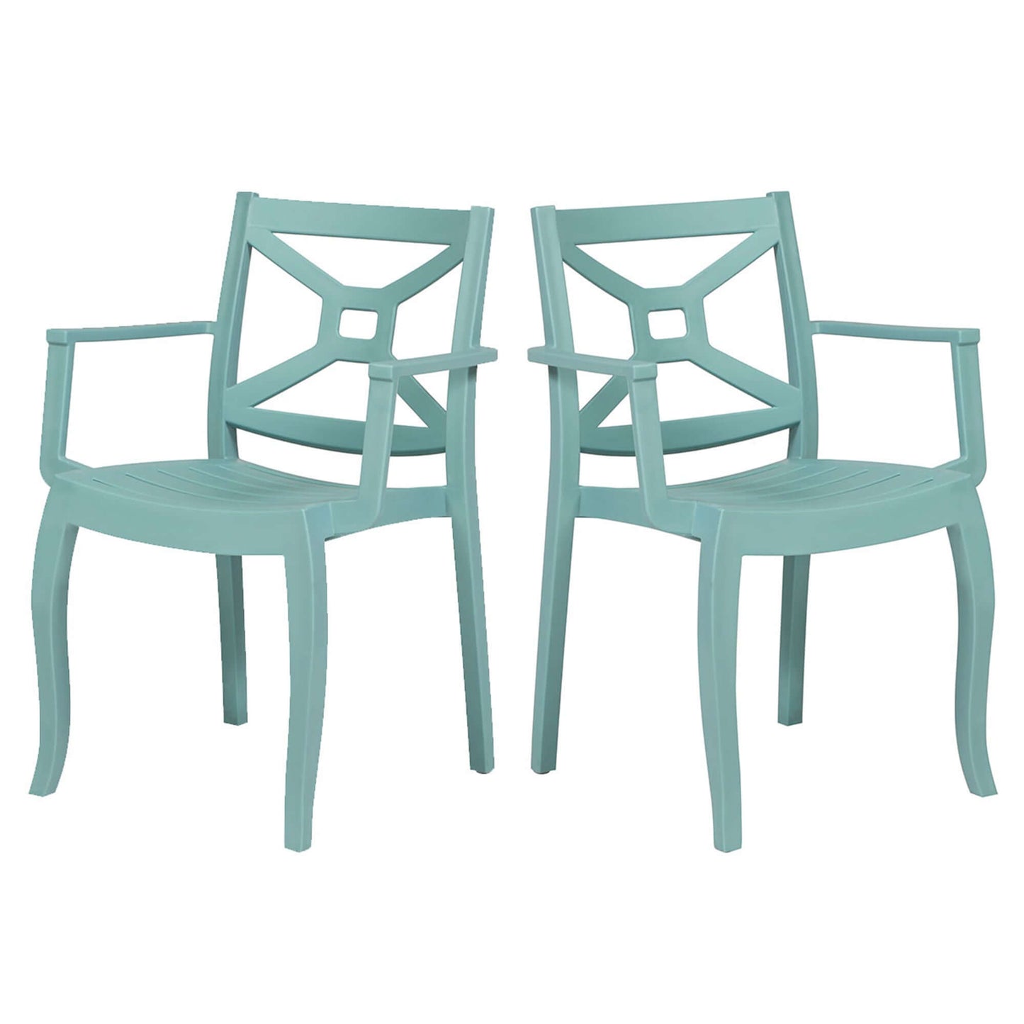 Blue set of 2 stackable outdoor armchairs that are easy to clean