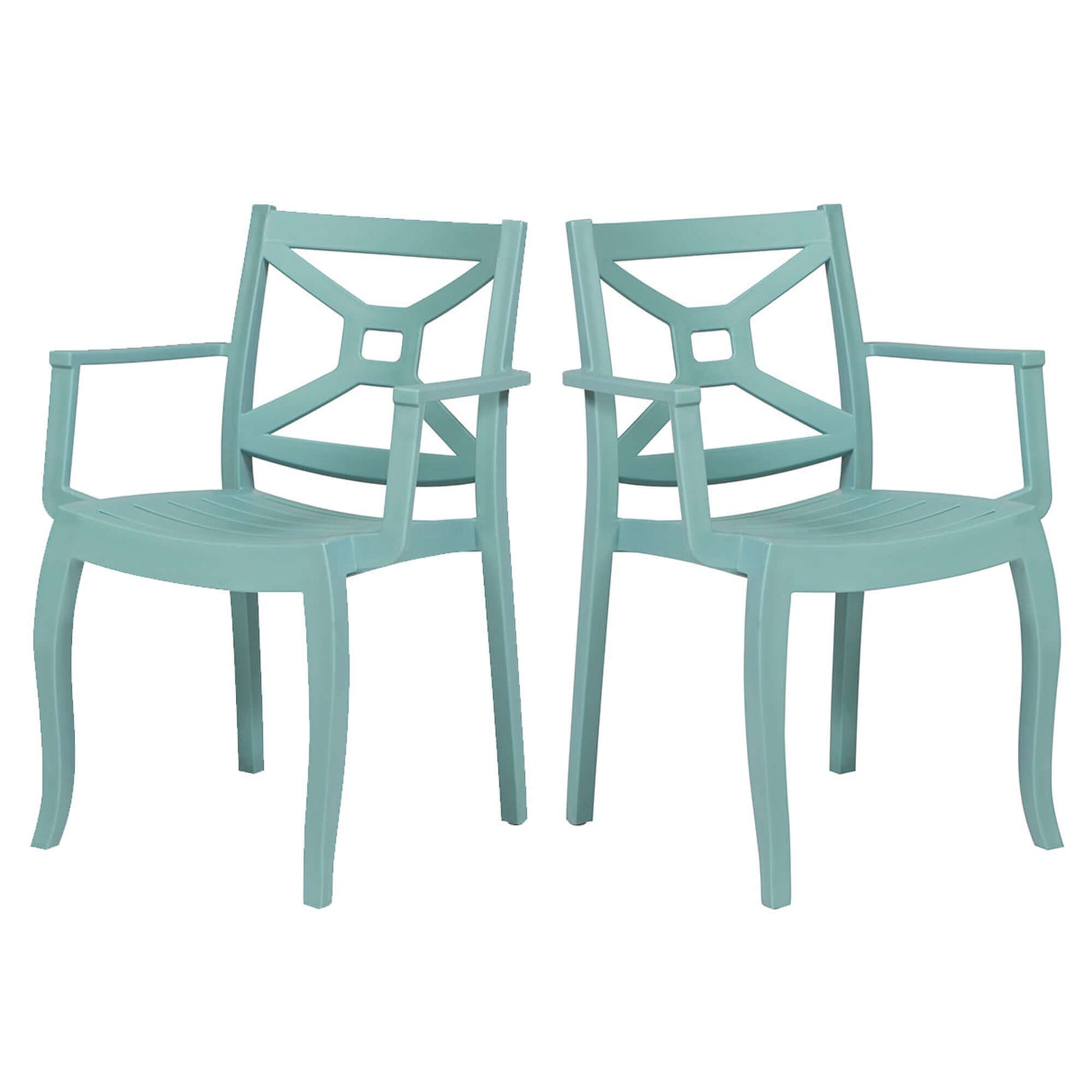 Blue set of 2 stackable outdoor armchairs that are easy to clean