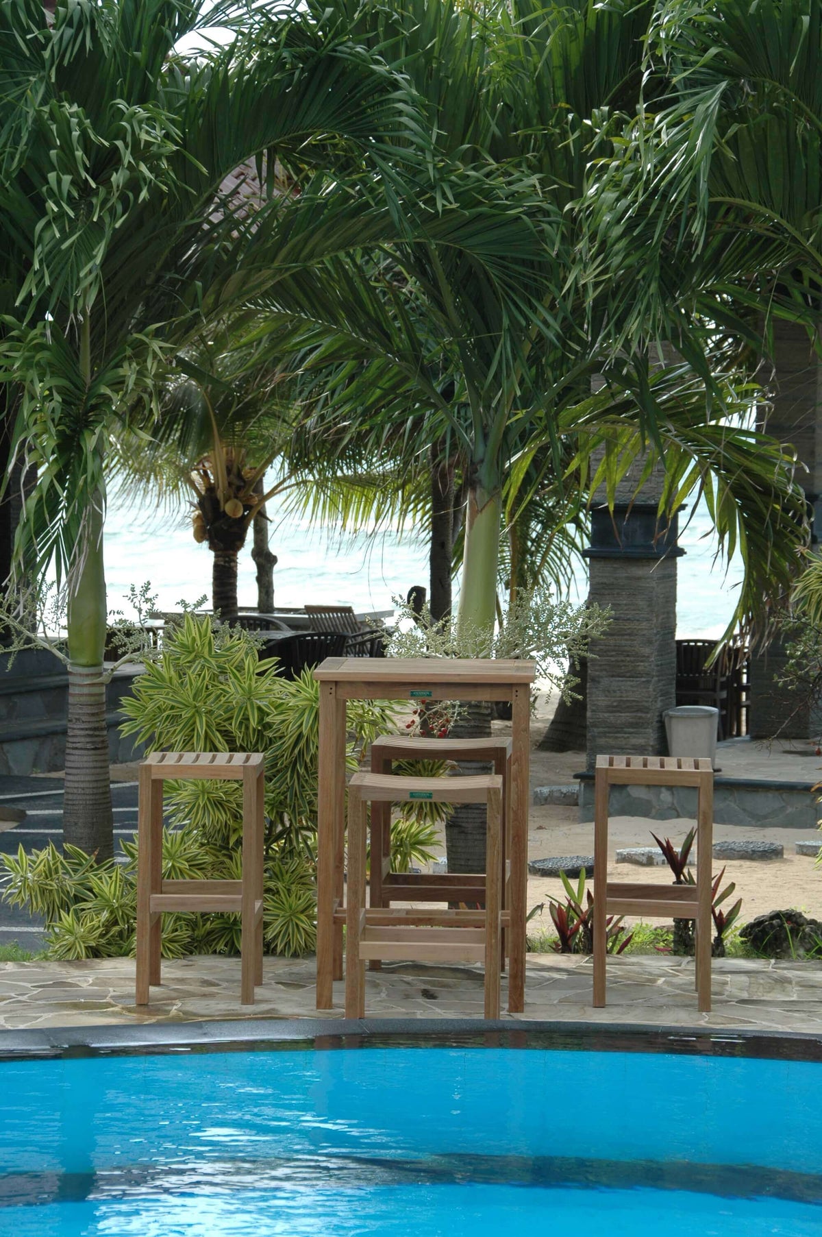 Anderson Teak Avalon Bar Table 5 Piece Set with Coordinated Pieces and Sunbrella Cushions