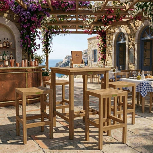 Anderson Teak Avalon Bar Table 5 Piece Set with Coordinated Pieces and Sunbrella Cushions