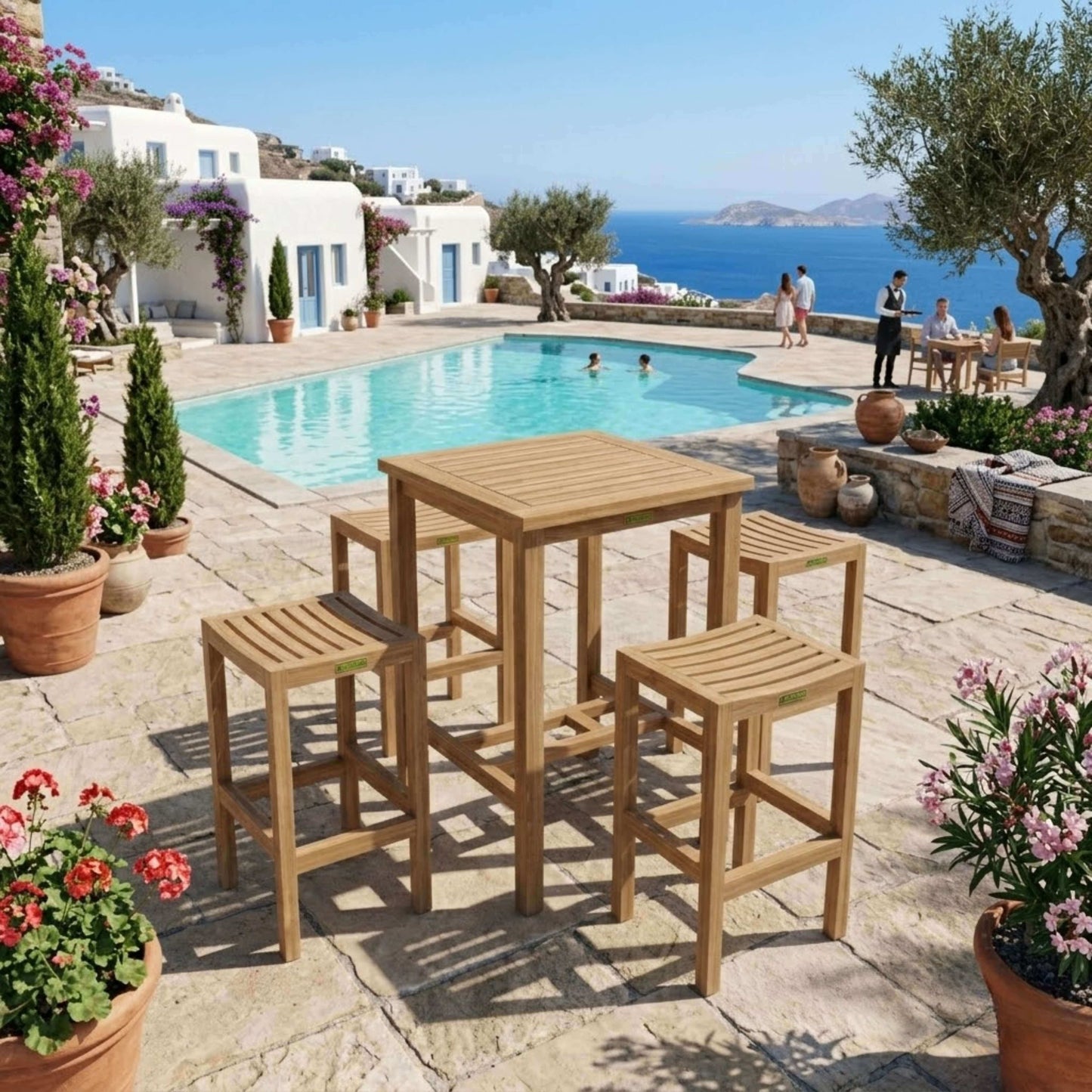 Anderson Teak Avalon Bar Table 5 Piece Set Detail with Coordinated Teak Frame Composition