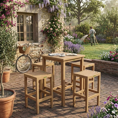 Anderson Teak Avalon Bar Table 5 Piece Set in Outdoor Conversation Configuration