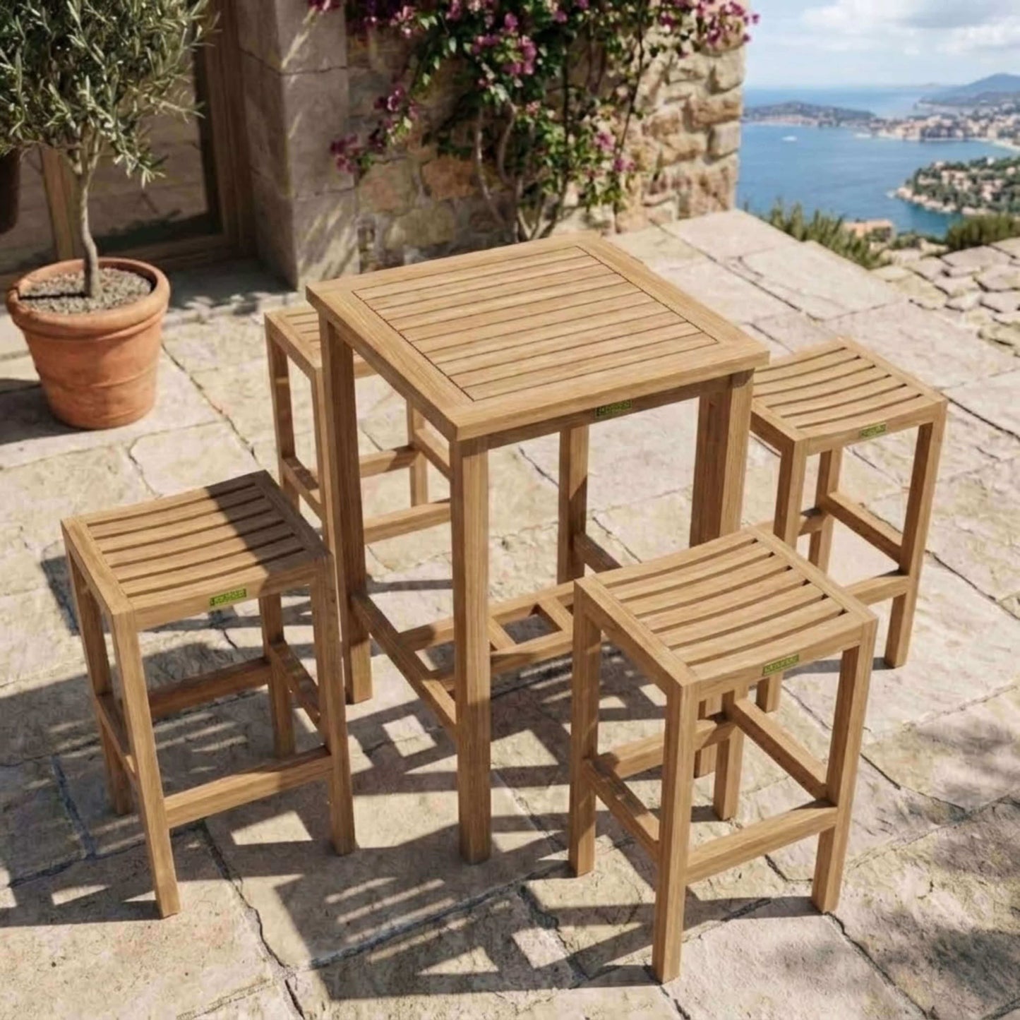 Anderson Teak Avalon Bar Table 5 Piece Set Aerial View of Full Set Layout