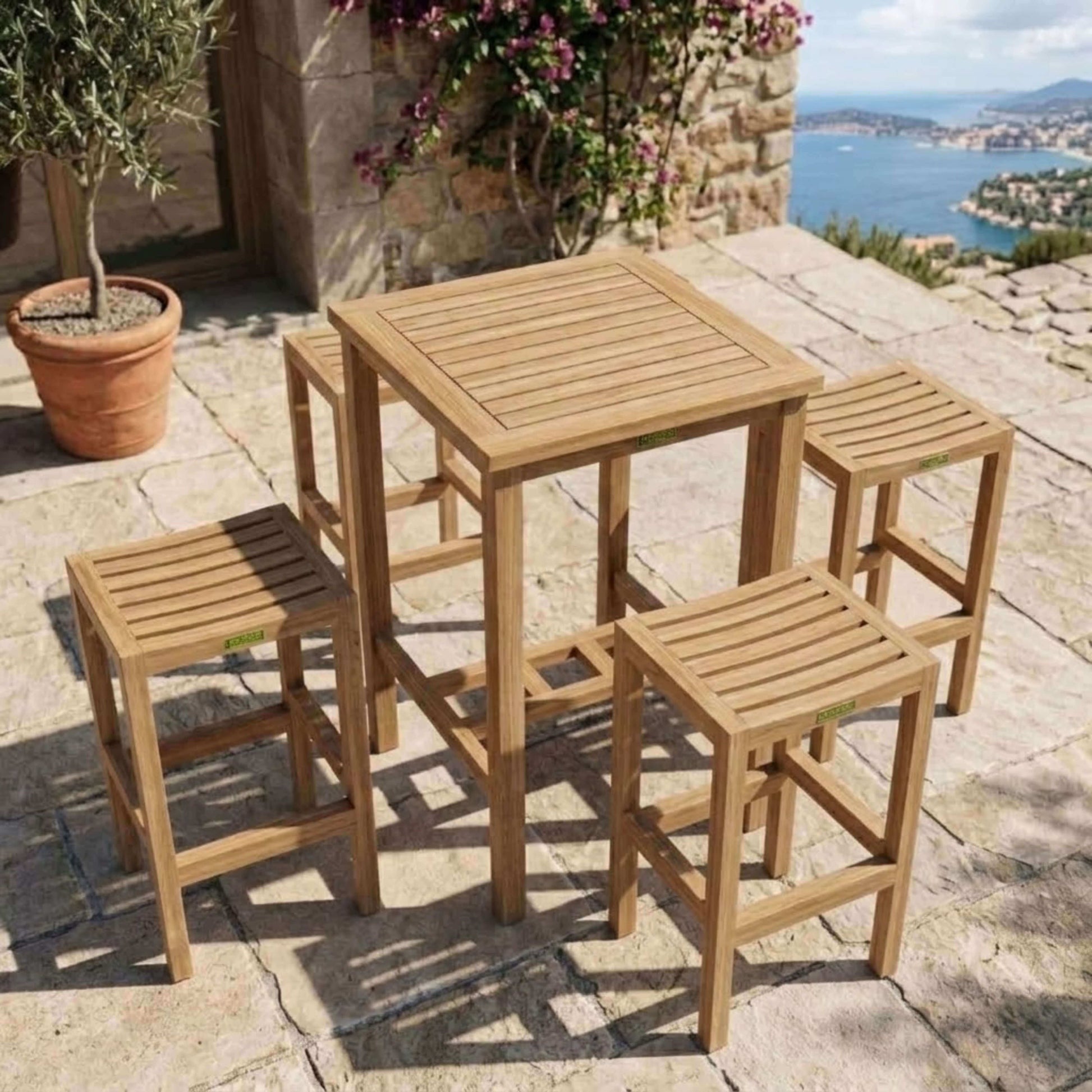 Anderson Teak Avalon Bar Table 5 Piece Set Aerial View of Full Set Layout