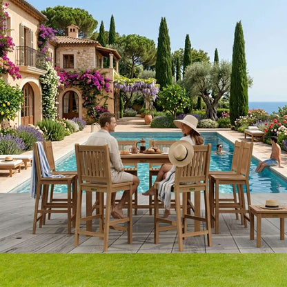 Anderson Teak 9 Piece Bar Table Set with Coordinated Pieces and Sunbrella Cushions