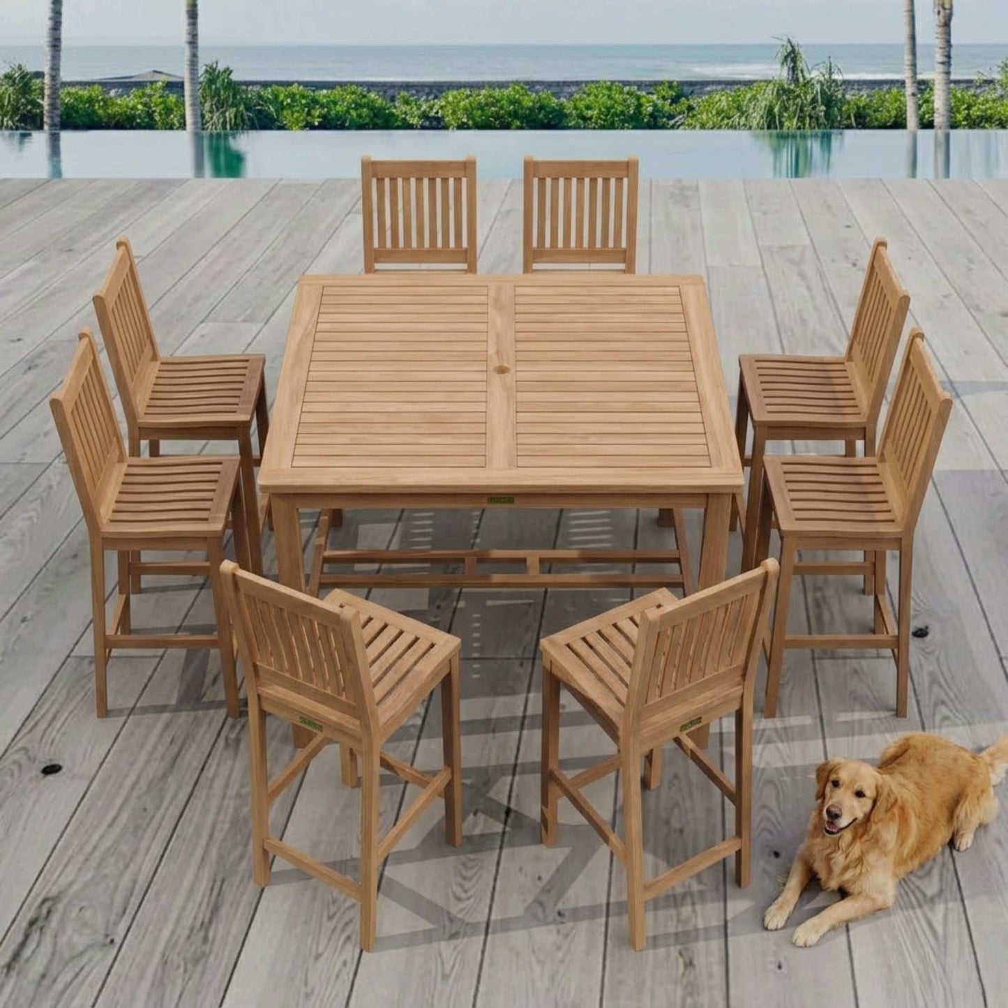 Anderson Teak 9 Piece Bar Table Set Aerial View of Full Set Layout