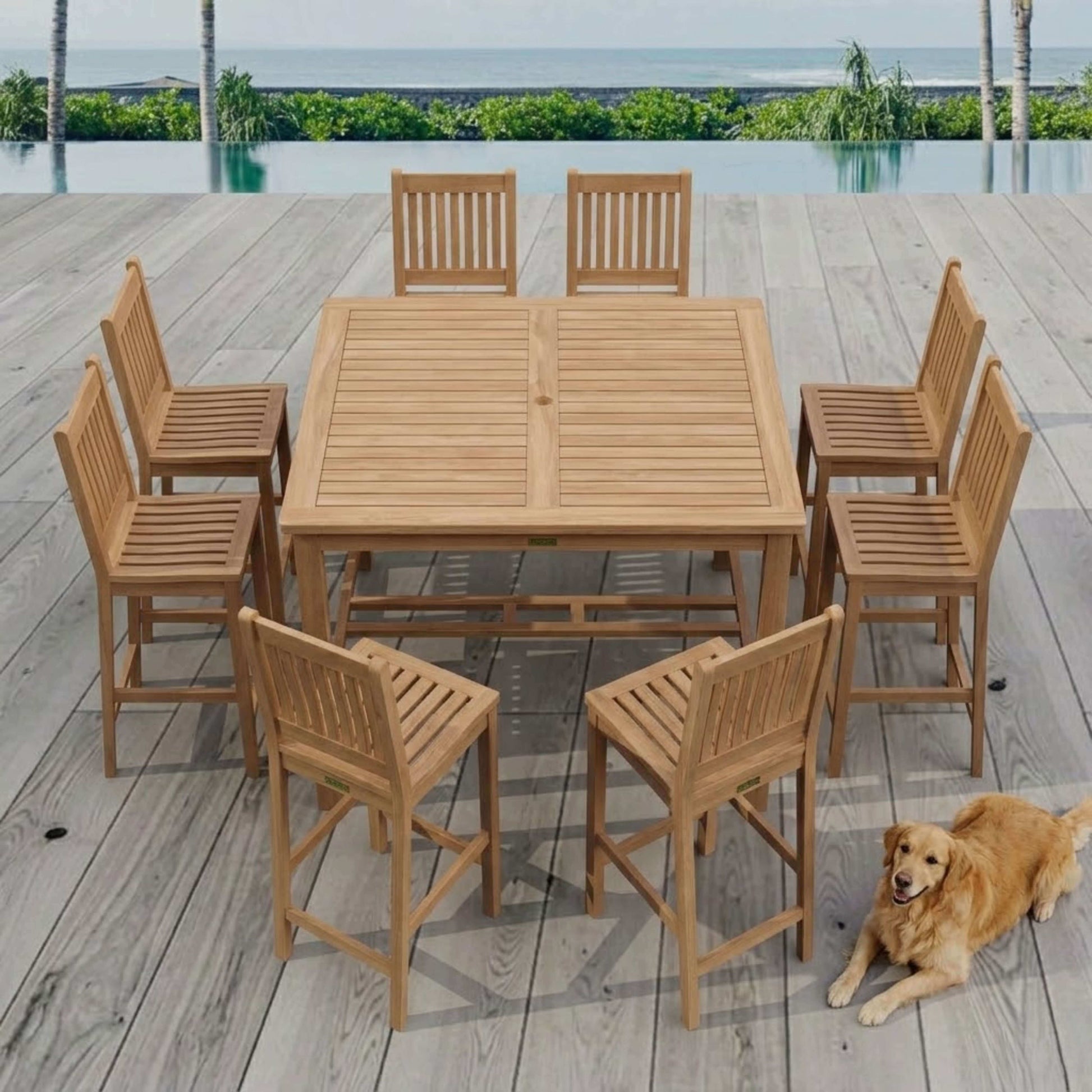 Anderson Teak 9 Piece Bar Table Set Aerial View of Full Set Layout