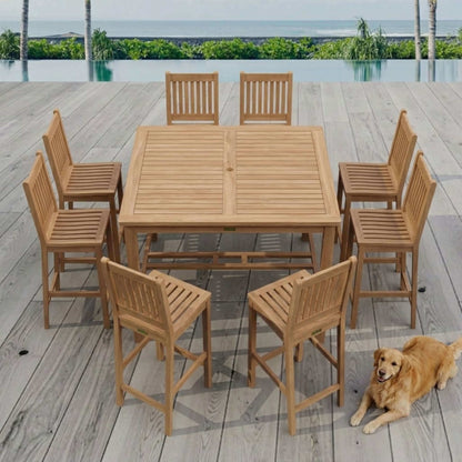 Anderson Teak 9 Piece Bar Table Set Aerial View of Full Set Layout