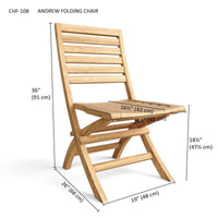 Anderson Teak outdoor folding chairs with dimensions listed