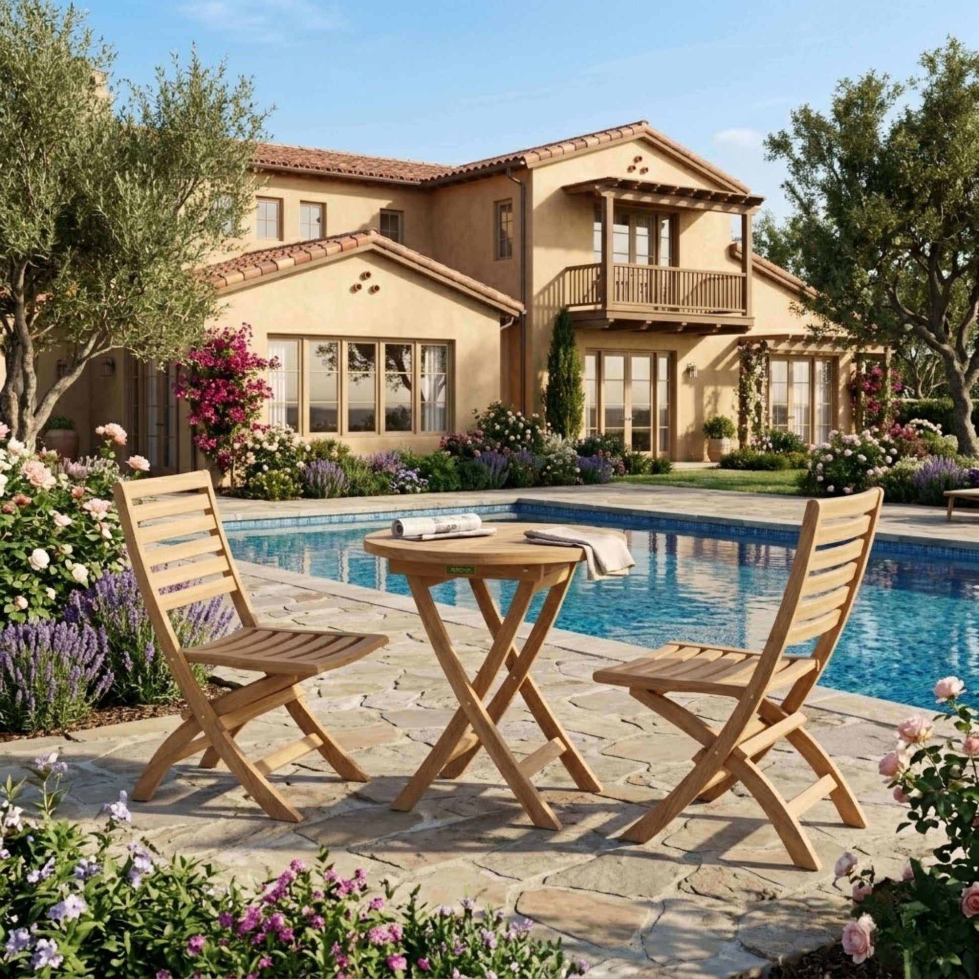 Anderson Teak Bahama 3 Piece Outdoor Bistro Table Set Detail with Coordinated Teak Frame Composition