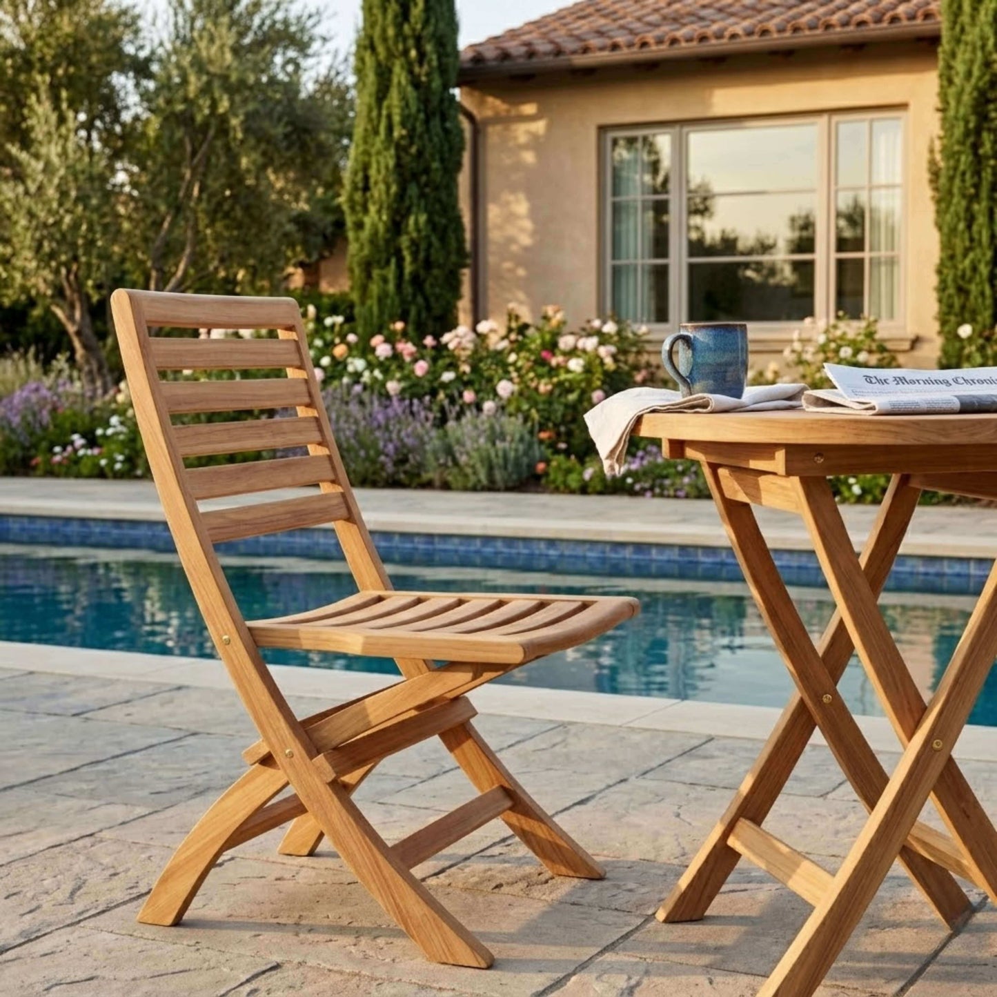 Anderson Teak Bahama 3 Piece Outdoor Bistro Table Set Aerial View of Full Set Layout