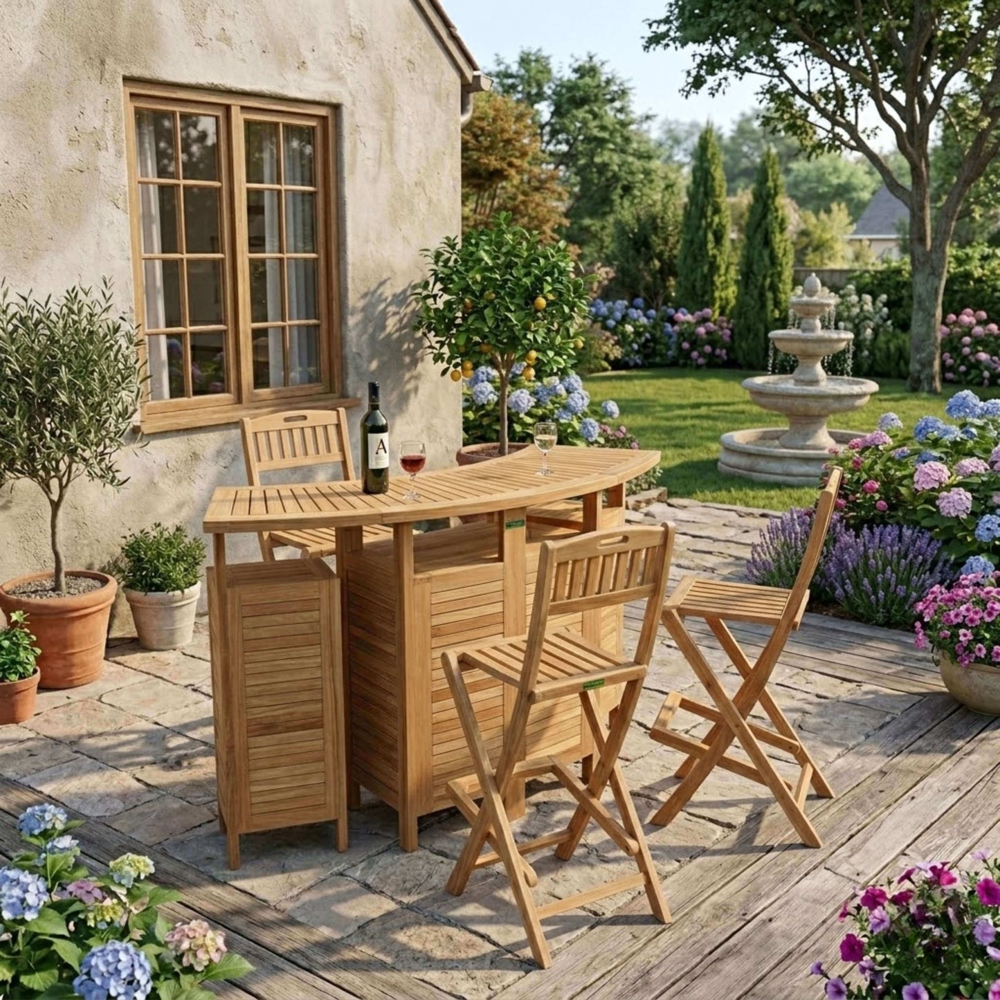 Anderson Teak Altavista Folding Bar Table 5 Piece Set in Outdoor Conversation Configuration