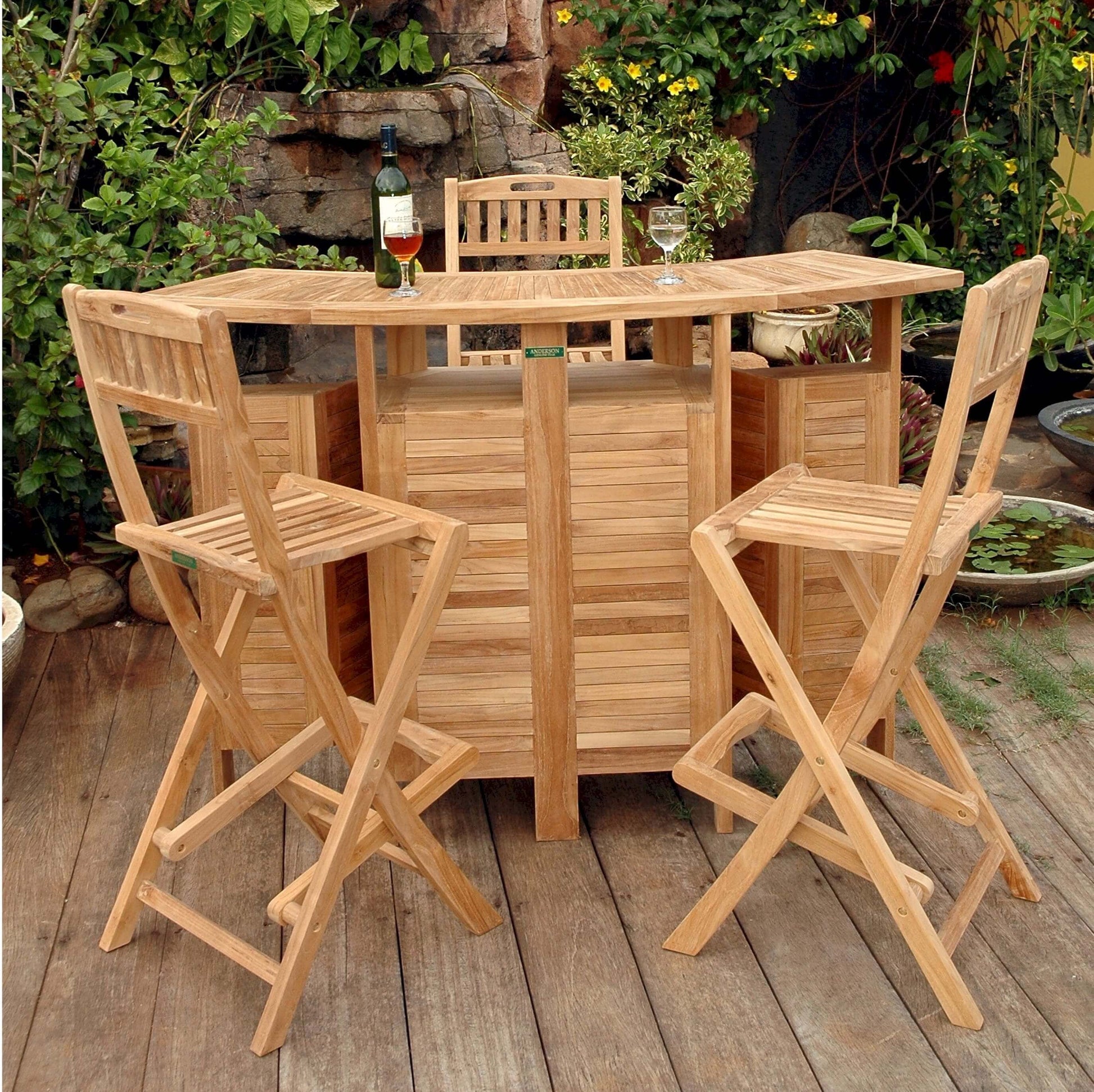 Anderson Teak Altavista Folding Bar Table 5 Piece Set Detail with Coordinated Teak Frame Composition