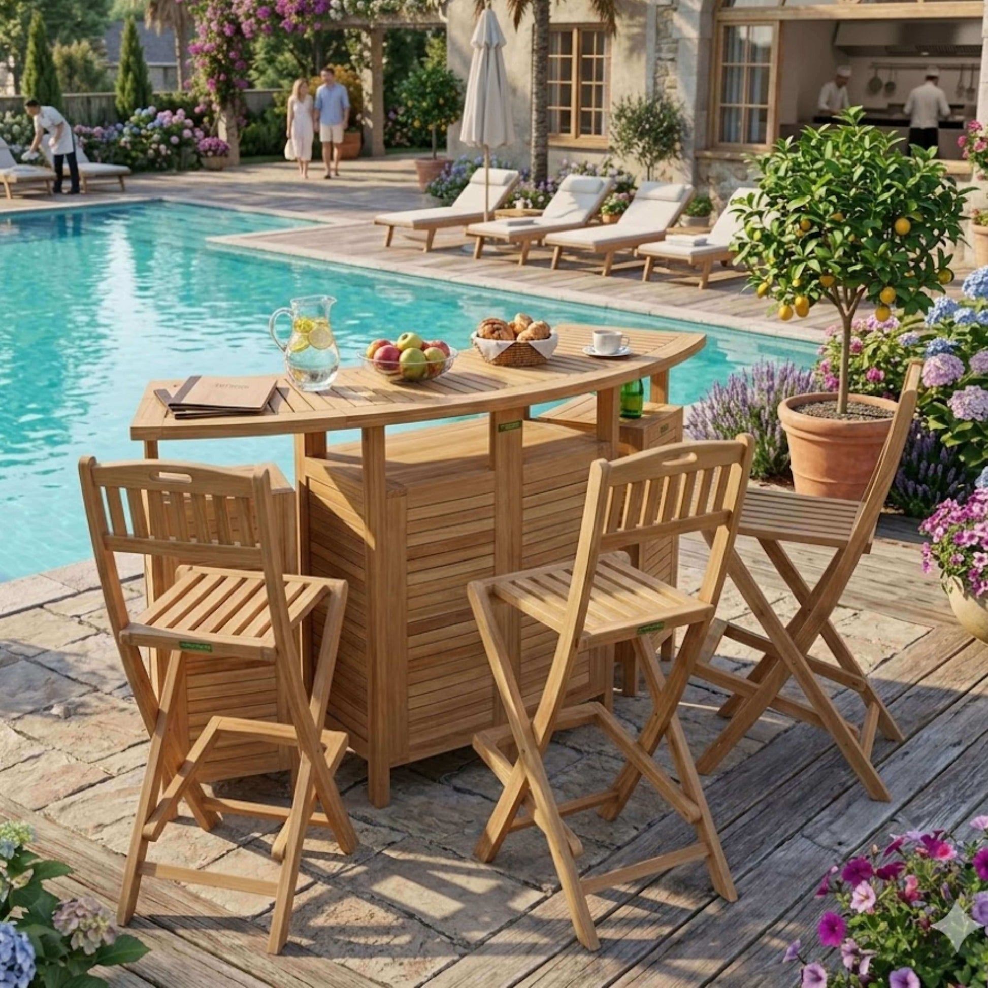 Anderson Teak Altavista Folding Bar Table 5 Piece Set with Coordinated Pieces and Sunbrella Cushions