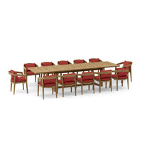 Outdoor teak 12-chair dining set includes 1 rectangular extension table with 12 dining armchairs