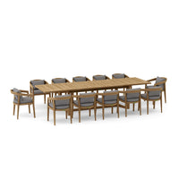 Outdoor teak 12-chair dining set includes 1 rectangular extension table with 12 dining armchairs