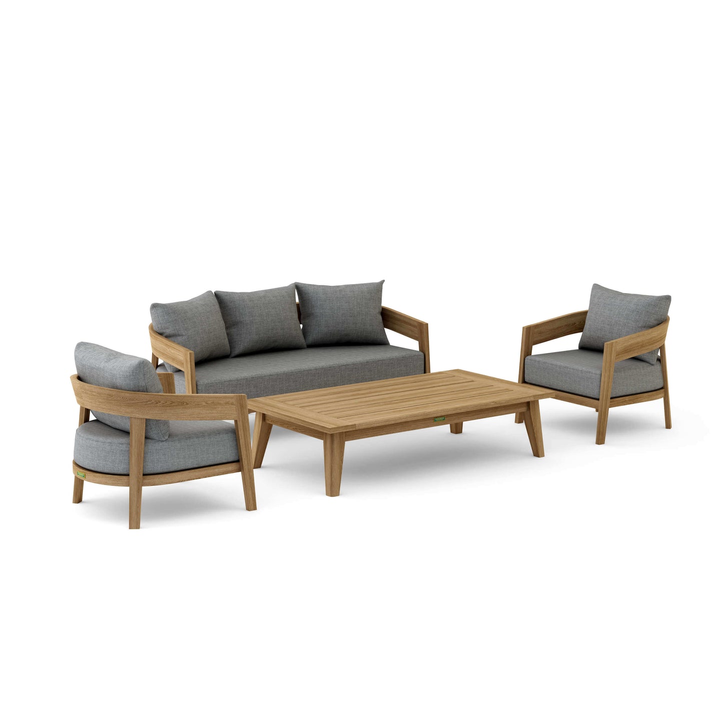 Teak outdoor furniture set includes 1 rectangular coffee table, 2 lounge chairs and 1 sofa