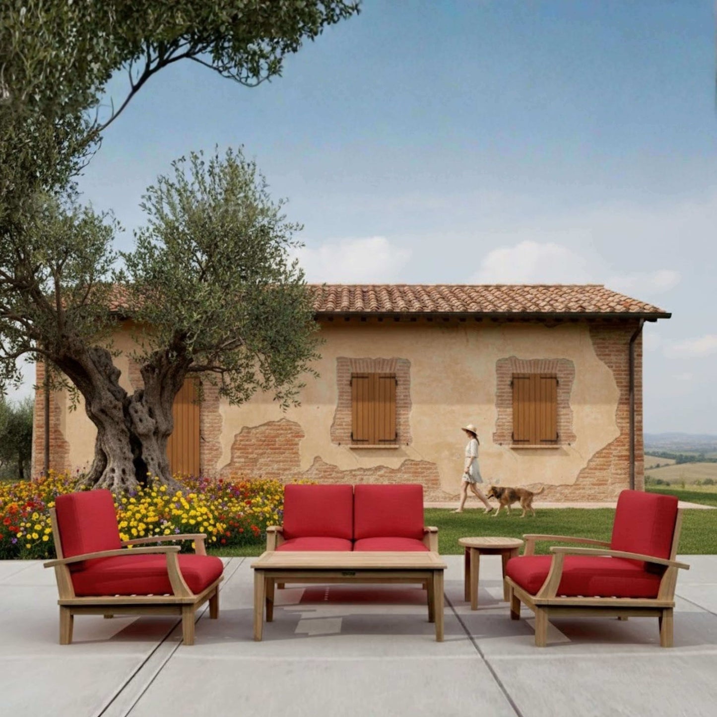 Anderson Teak Brianna 5 Piece Deep Seating Set Loveseat Detail with Coordinated Teak Frame Composition