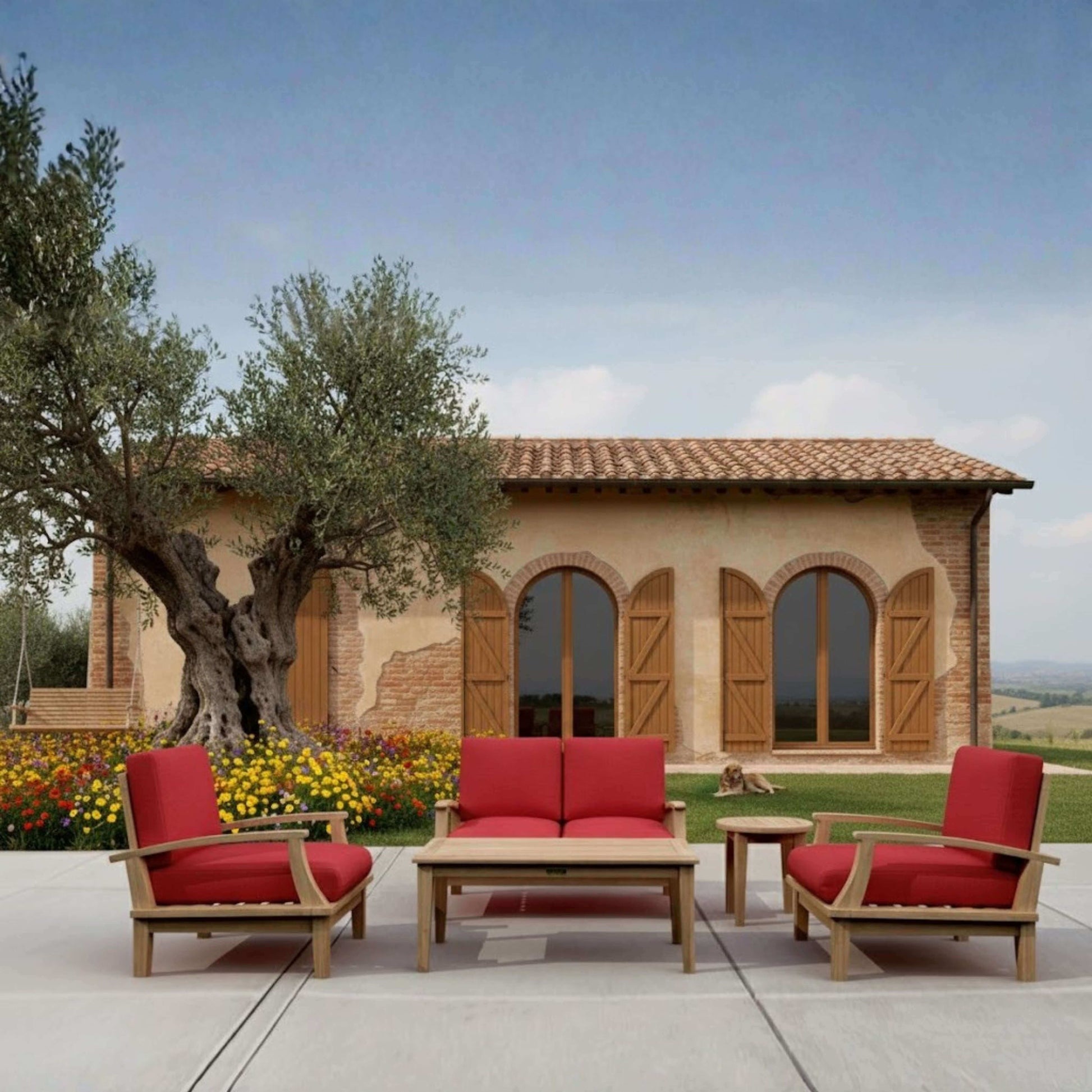 Anderson Teak Brianna 5 Piece Deep Seating Set Loveseat Aerial View of Full Set Layout