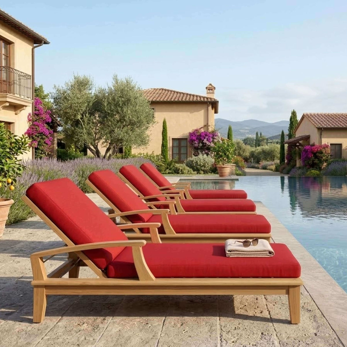 Anderson Teak Brianna 4 Piece Sun Lounger Set Detail with Stainless Steel Recline and Teak Frame