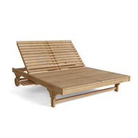 All-weather teak wood outdoor sun chairs with Sunbrella outdoor cushions
