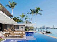 All-weather teak wood outdoor sun chairs with Sunbrella outdoor cushions