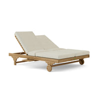 All-weather teak wood outdoor sun chairs with Sunbrella outdoor cushions