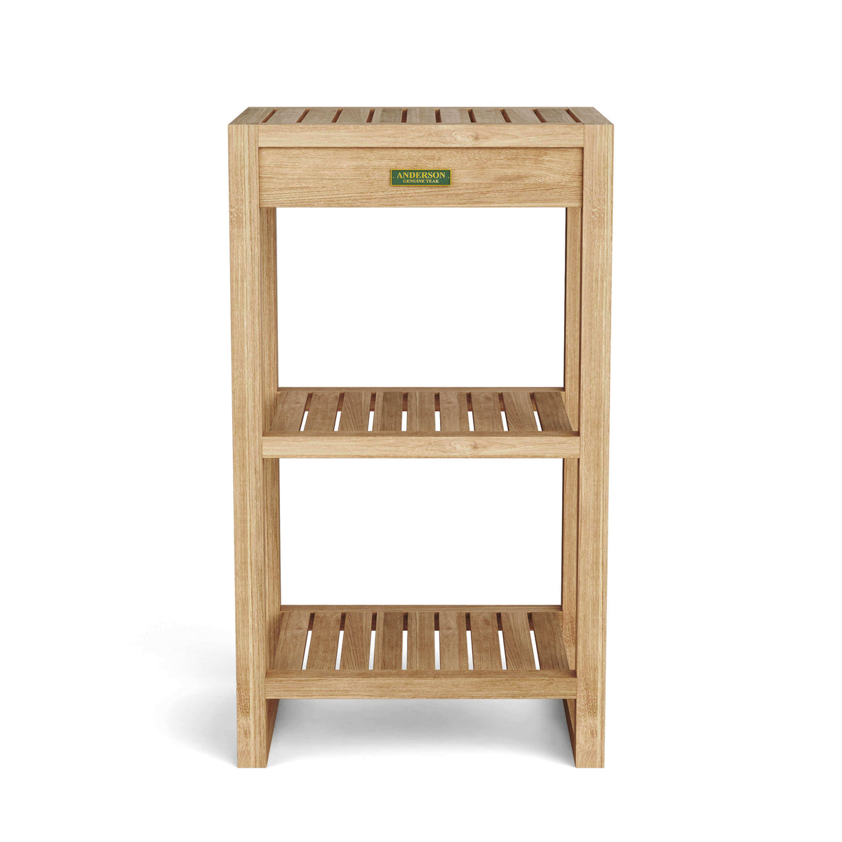 Anderson Teak 2 Shelf Spa Towel Table Detail with Teak Slat Build and Storage Shelves