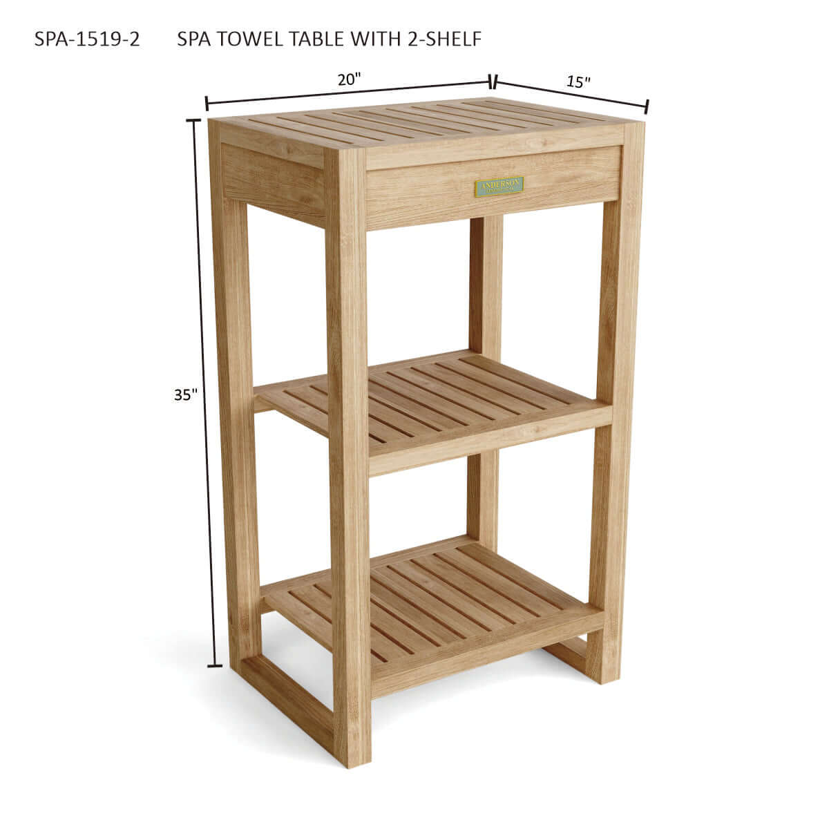 Anderson Teak 2 Shelf Spa Towel Table Front View of Shelf Configuration
