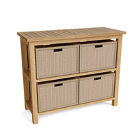 Teak wood towel console table with two sturdy shelves provides generous space for towels, shoes, vases or decor