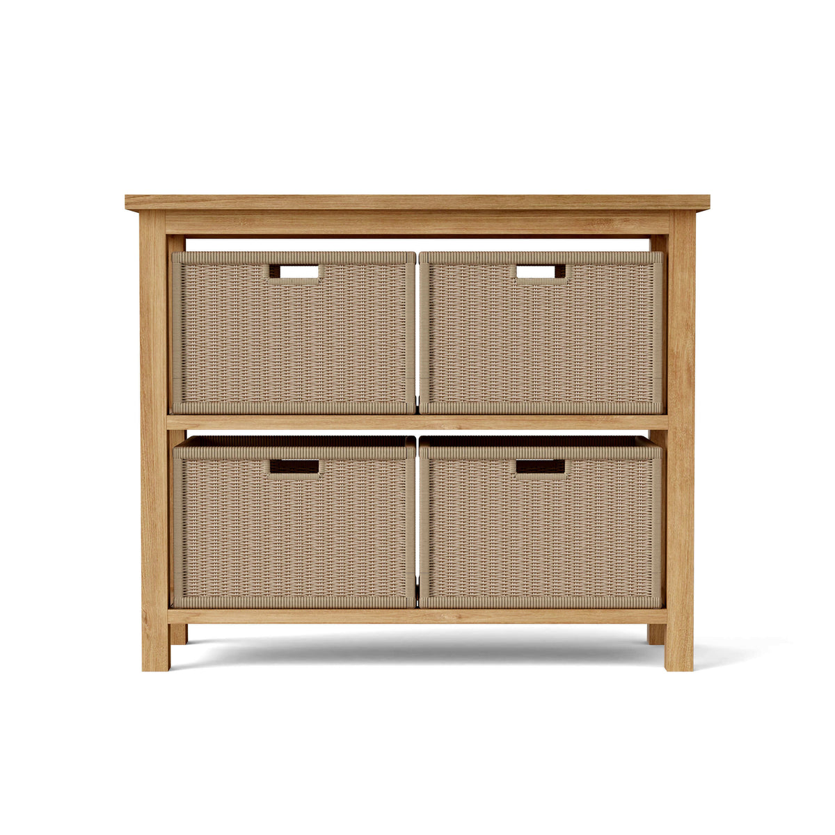 Anderson Teak Towel Console Table Front View of Shelf Configuration