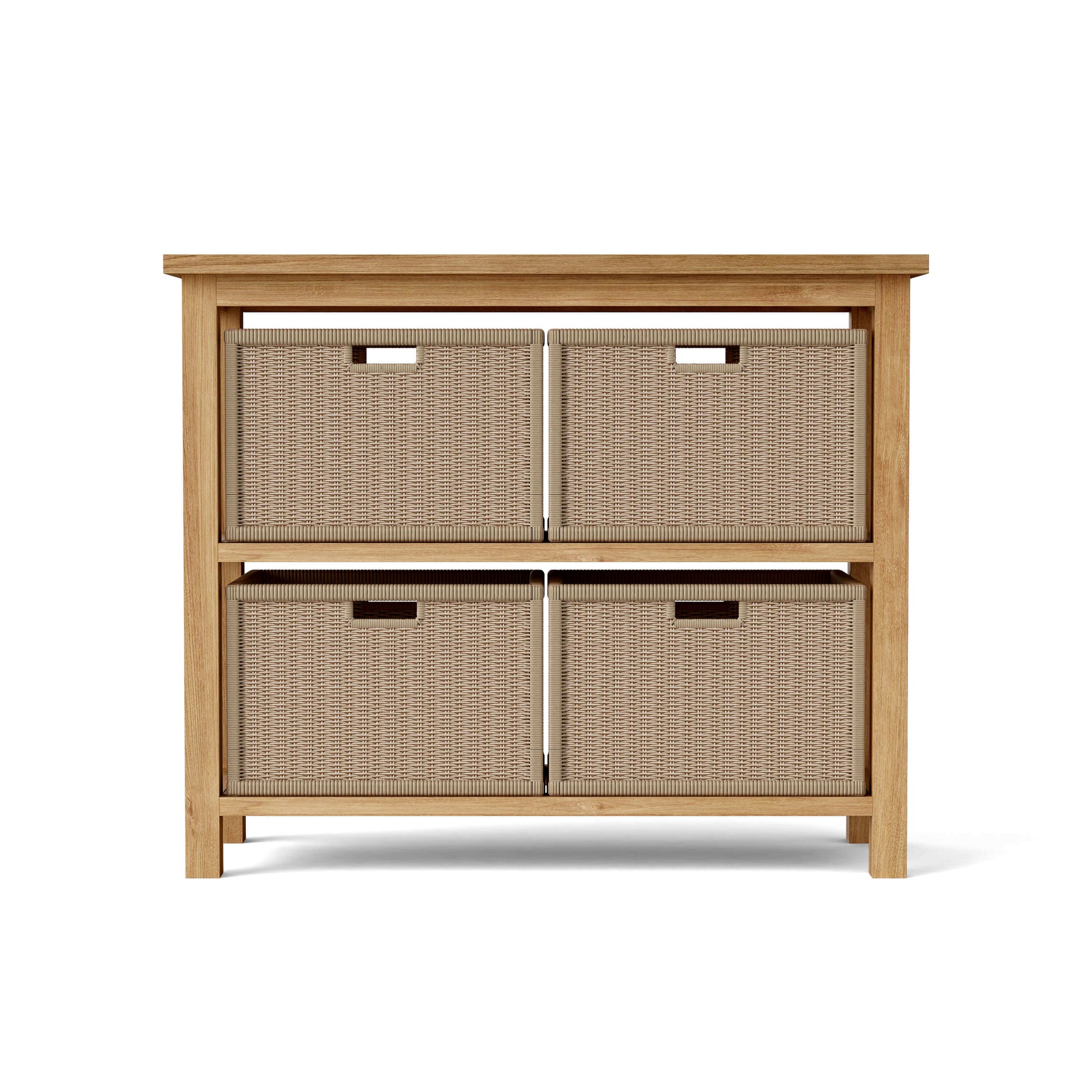 Teak wood towel console table with two sturdy shelves provides generous space for towels, shoes, vases or decor