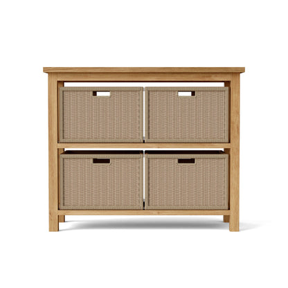 Teak wood towel console table with two sturdy shelves provides generous space for towels, shoes, vases or decor