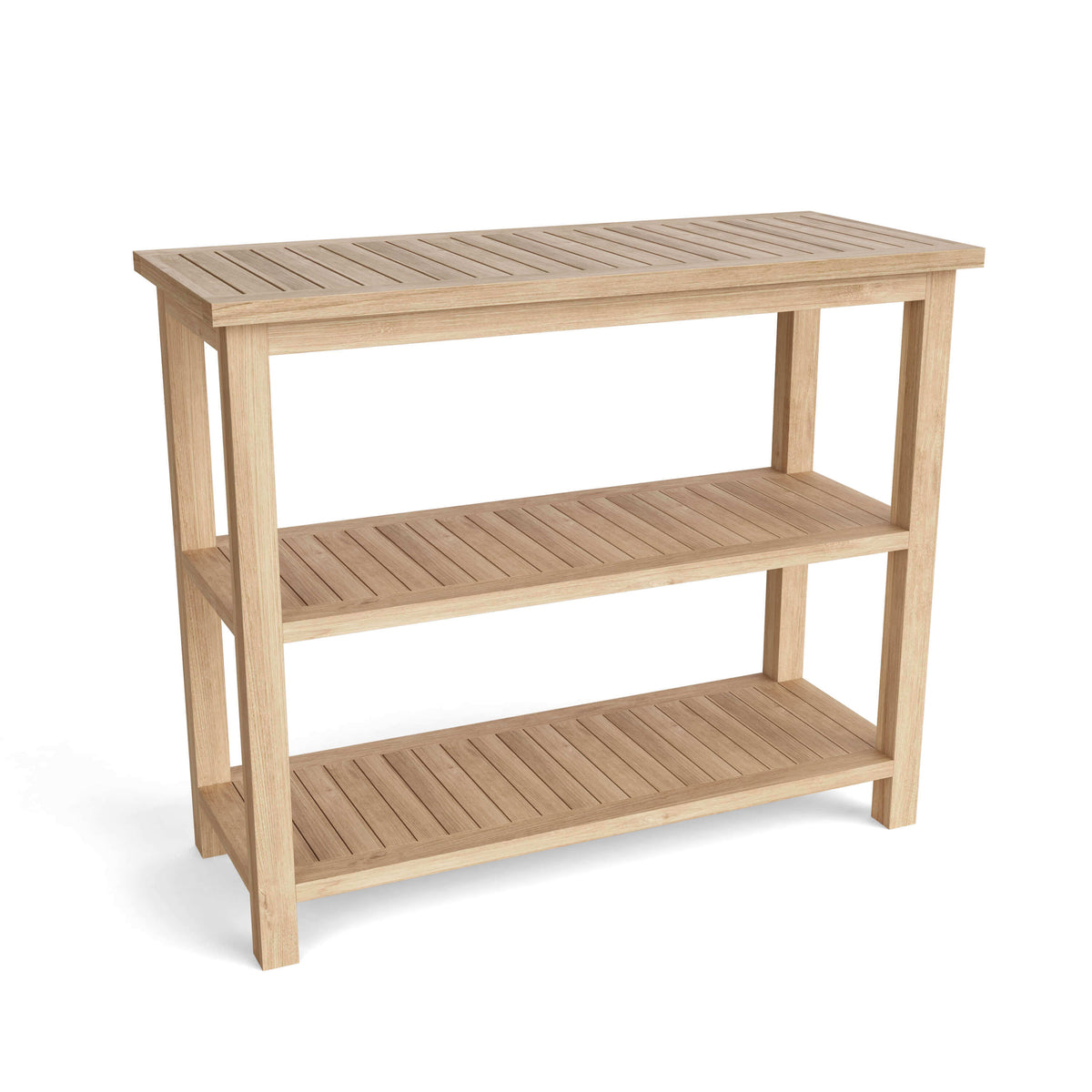 Teak wood towel console table with two sturdy shelves provides generous space for towels, shoes, vases or decor