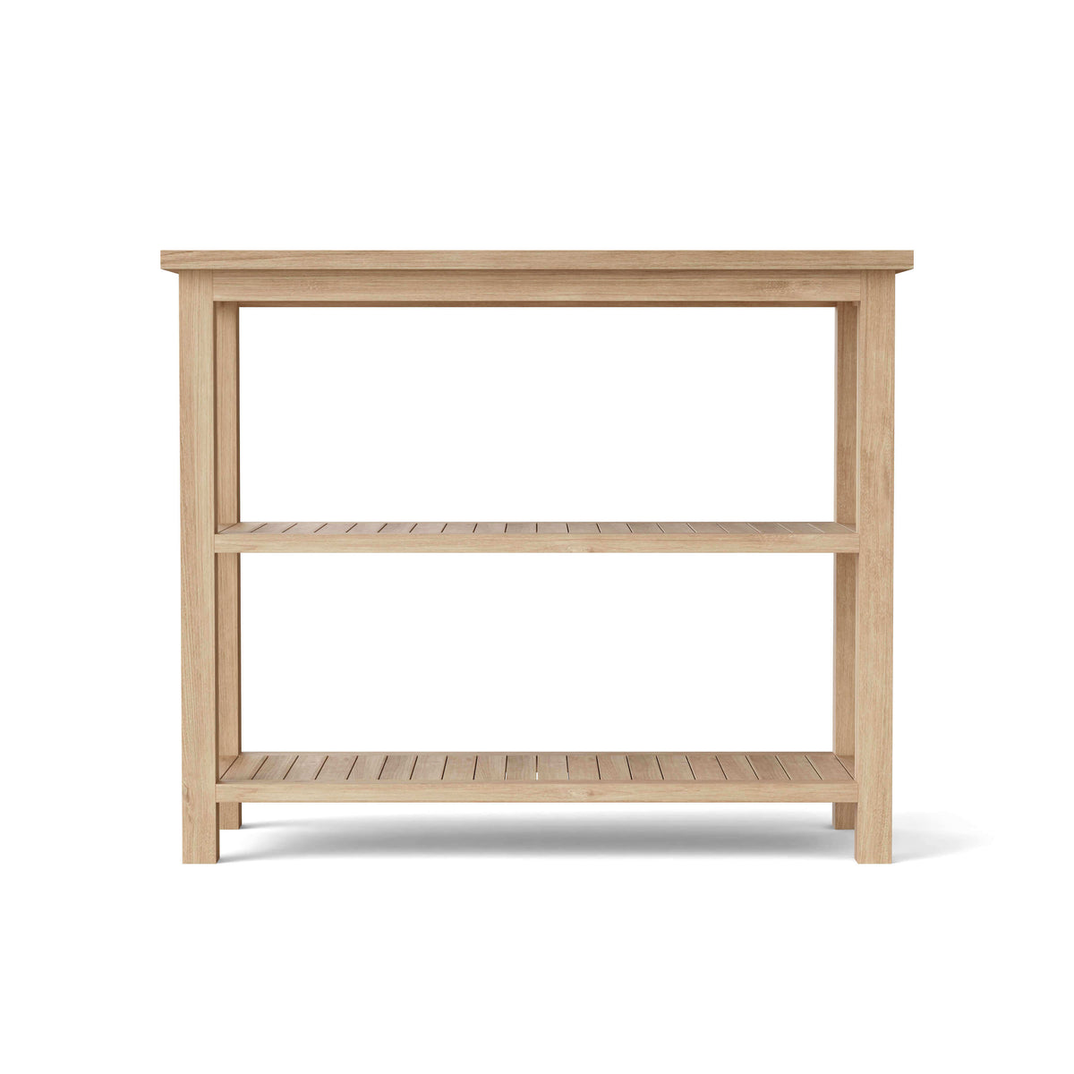 Anderson Teak Towel Console Table Detail with Teak Slat Build and Storage Shelves