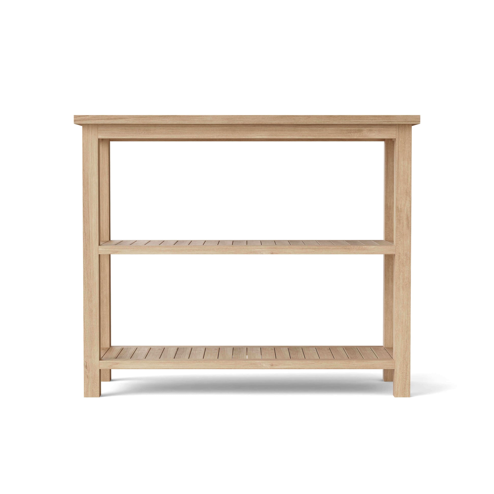 Teak wood towel console table with two sturdy shelves provides generous space for towels, shoes, vases or decor