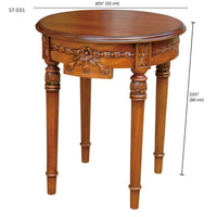 Solid Mahogany construction outdoor side table with rich antique finish and dimensions listed
