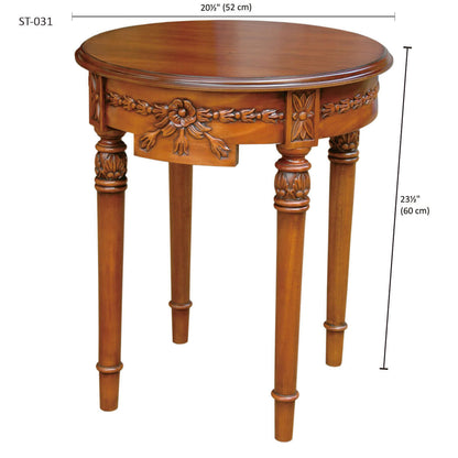 Solid Mahogany construction outdoor side table with rich antique finish and dimensions listed